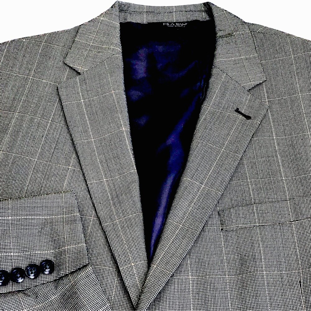 Jos A Bank Signature Sport Coat Silk Wool 44 L Plaid Windowpane Gray Career